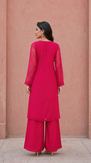Rani georgette chikankari kurta palazzo dupatta set for women front view