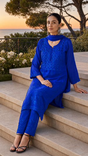 A woman wearing a royal blue embroidered kurta set with matching pants sits on outdoor stone steps at sunset, with trees and water in the background.
