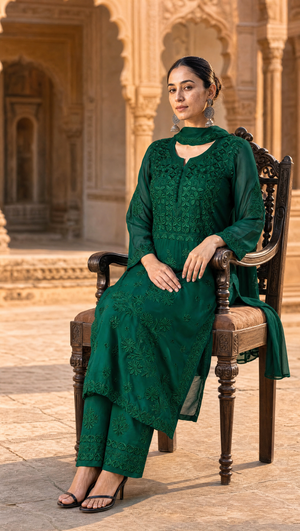 Dark Green georgette kurta with floral chikankari embroidered yoke