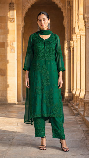 Dark Green georgette chikankari kurta pant dupatta set for women front view