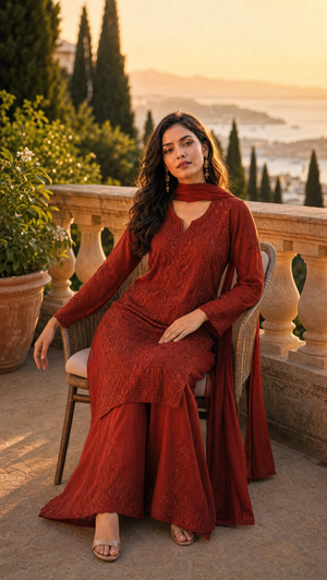 Red Rust embroidered georgette palazzo with matching dupatta