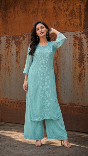 Aqua blue georgette kurta with chikankari embroidered neckline and front panel