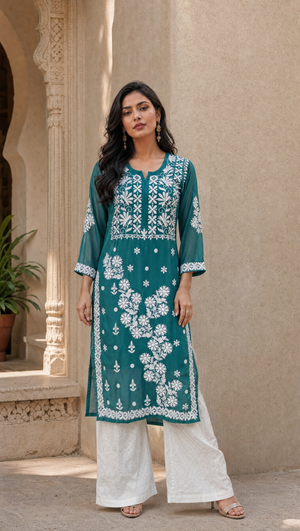Teal green georgette chikankari kurta with white rayon cotton palazzo set for women