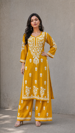 Mustard yellow rayon cotton chikankari kurta palazzo 2-piece set front view