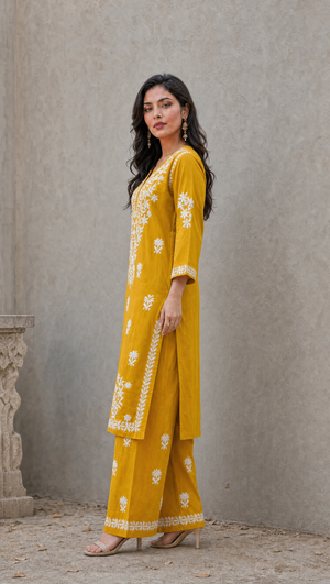 Mustard yellow rayon cotton chikankari kurta palazzo 2-piece set side view
