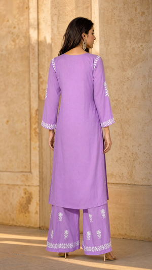 Maroon rayon cotton embroidered palazzo with floral chikankari motifs