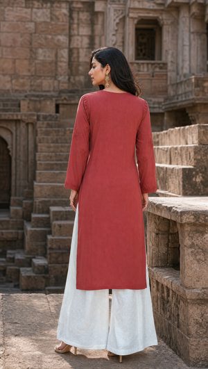 Brown rayon cotton chikankari kurta palazzo 2-piece set back view