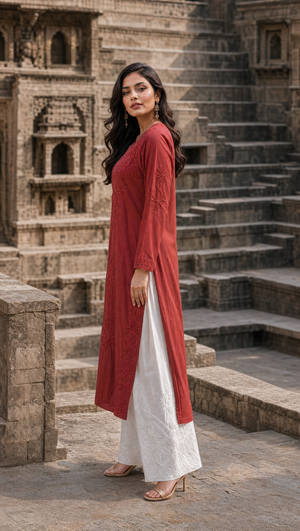 Brown rayon cotton chikankari kurta palazzo 2-piece set side view