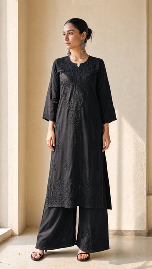 Black rayon cotton chikankari kurta palazzo set for women front view