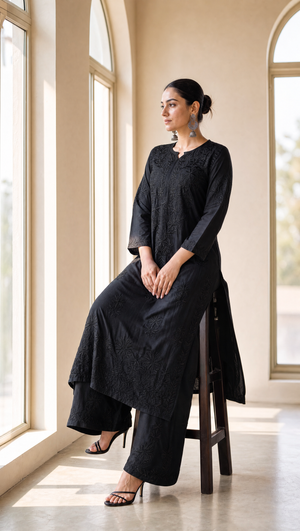 Black rayon cotton kurta with floral chikankari embroidered yoke
