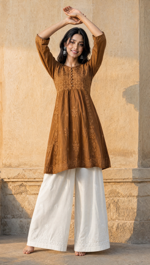 Brown rayon cotton chikankari kurta with white palazzo set for women front view