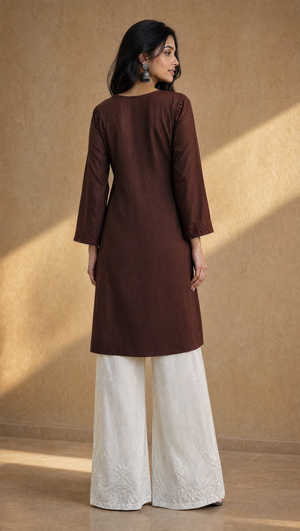 White rayon cotton embroidered palazzo paired with brown chikankari kurta