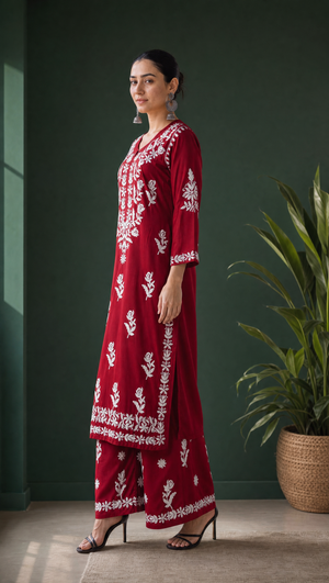 Maroon rayon cotton embroidered palazzo with floral chikankari motifs