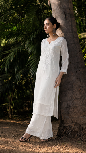 White georgette kurta with floral chikankari embroidered yoke