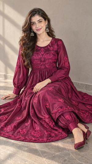 Wine silk chikankari Afghani kurta set for women, Seat view