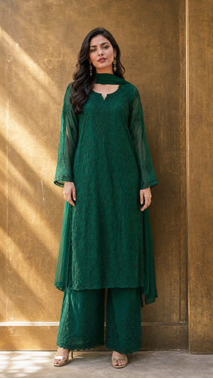 Green georgette chikankari kurta palazzo dupatta set for women front view