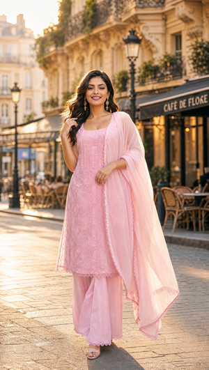 Baby pink georgette strappy kurta with floral chikankari embroidery