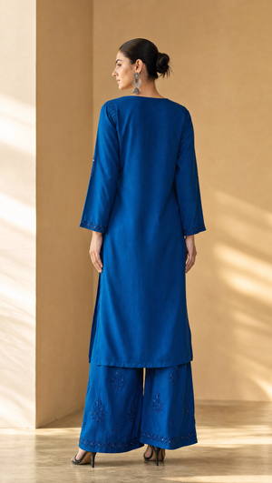 Royal blue rayon cotton embroidered palazzo and matching dupatta set