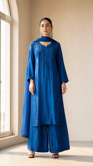 Royal blue rayon cotton chikankari kurta palazzo dupatta set for women front view