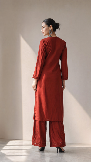 Brown chikankari kurta with 3/4 sleeves and embroidered neckline