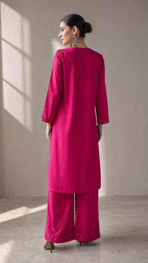 Plum rayon cotton embroidered palazzo with matching dupatta