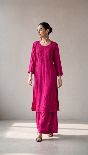 Plum rayon cotton kurta with chikankari embroidery and delicate sequin detailing