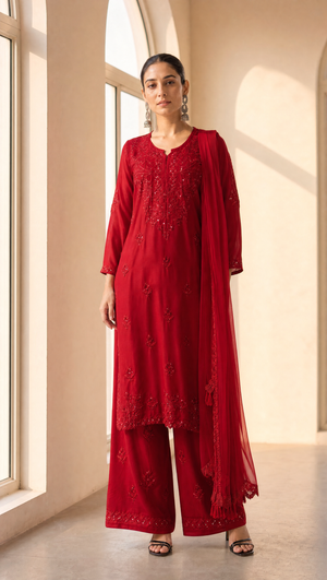 Red rayon cotton chikankari kurta palazzo dupatta set for women front view