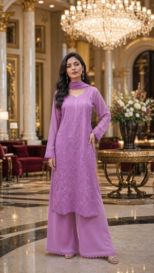 Lavender georgette chikankari kurta palazzo dupatta set for women front view