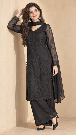 Black Georgette Kurta With Floral Chikankari Embroidered Yoke