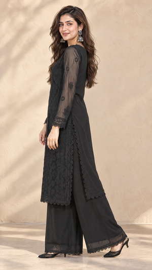 Black Georgette Chikankari Kurta With Sheer 3/4 Sleeves