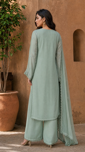 Gray Embroidered Georgette Pants With Matching Dupatta