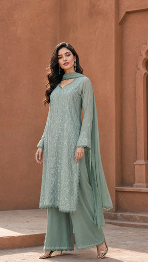 Gray Georgette Chikankari Kurta With Sheer 3/4 Sleeves