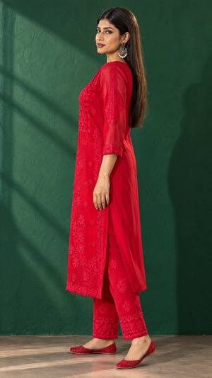 Magenta Georgette Kurta With Floral Chikankari Embroidered Yoke