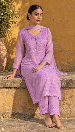 Purple Georgette Kurta With Floral Chikankari Embroidered Yoke