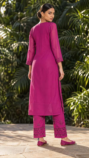 Wine Embroidered Georgette Pants With Matching Dupatta