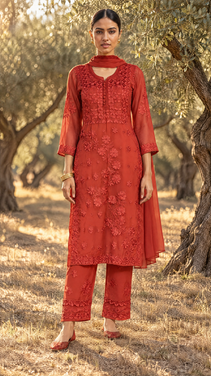 Rust Georgette Chikankari Kurta Pant Dupatta Set For Women Front View