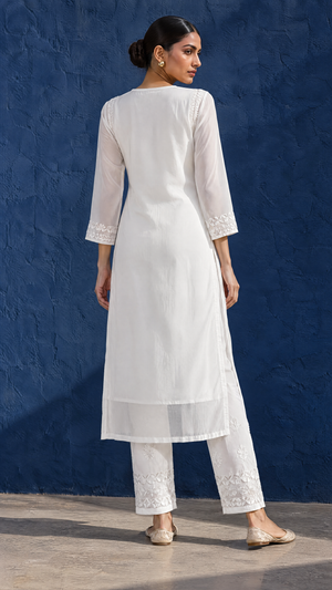 White Embroidered Georgette Pants With Matching Dupatta