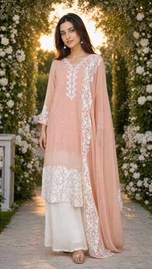 Peach georgette thread work Pakistani kurta palazzo dupatta set for women