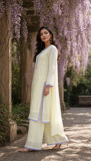 Ivory purple georgette chikankari kurta with 3/4 sheer sleeves and lace-trimmed cuffs