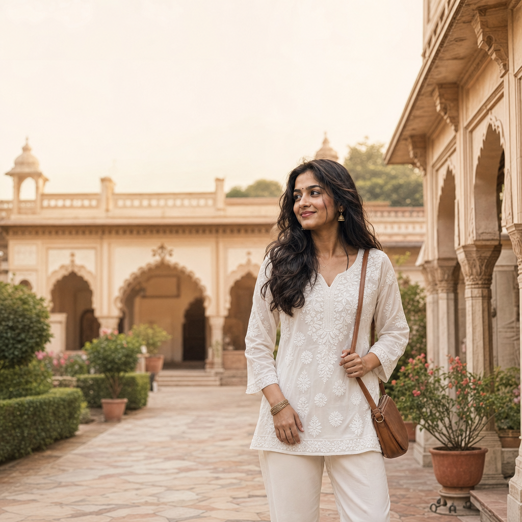 Lucknowi Chikankari Short Kurti  For Women