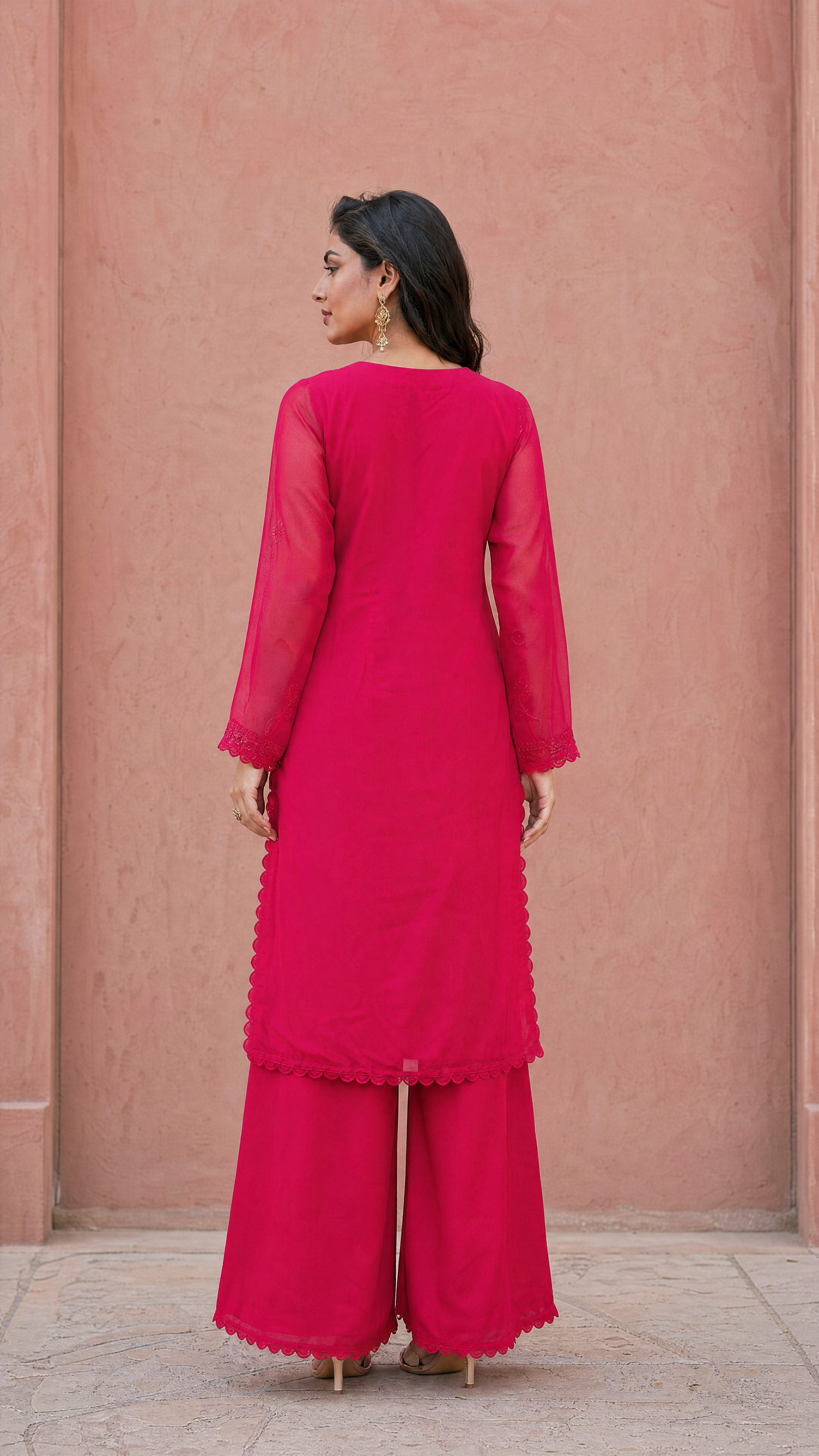 Rani georgette chikankari kurta palazzo dupatta set for women front view