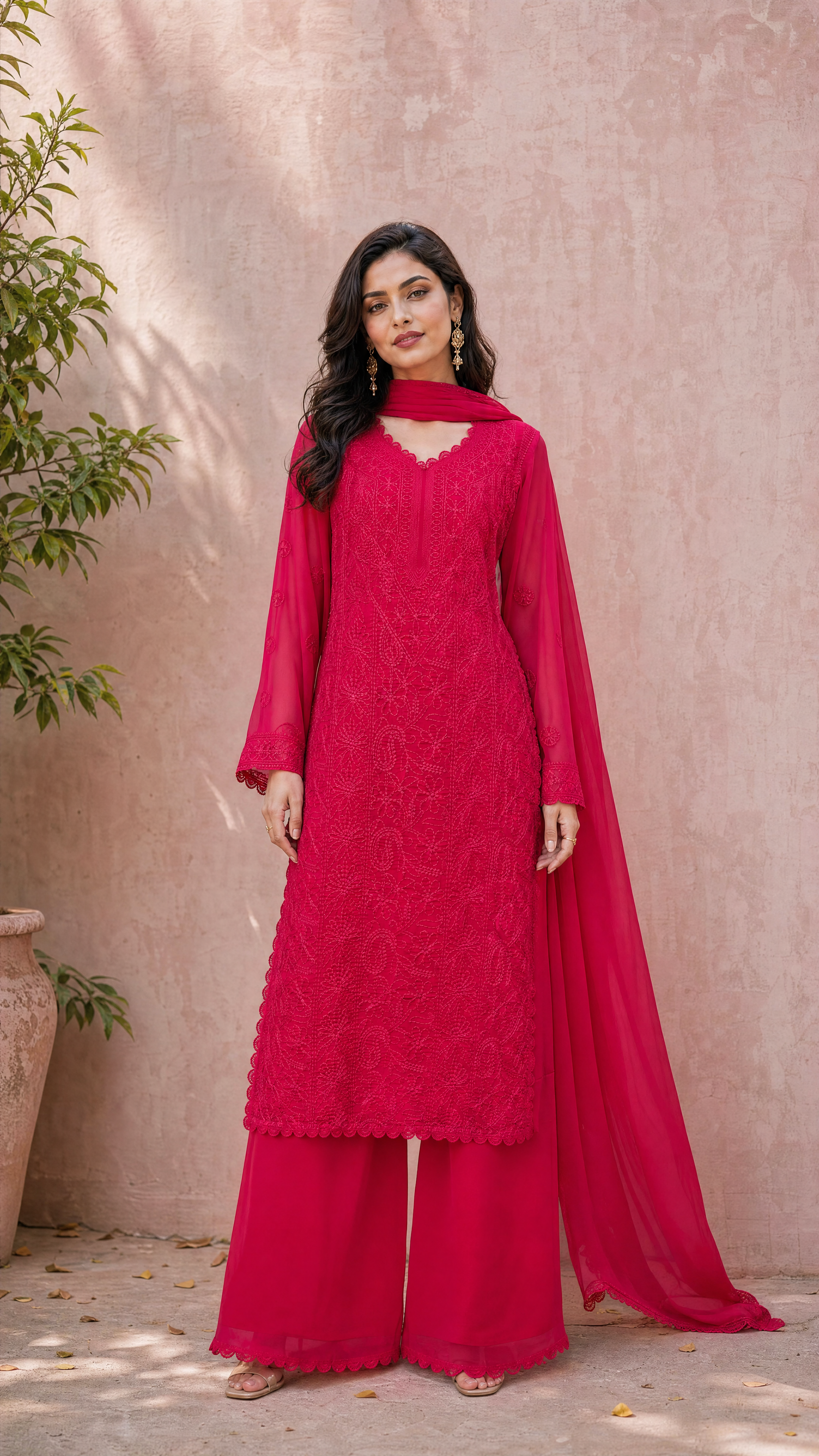 Rani pink georgette chikankari kurta with lace-trimmed full sleeves