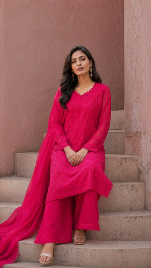 Rani pink georgette embroidered palazzo with matching dupatta