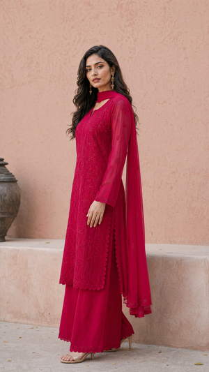 Rani georgette kurta with floral chikankari embroidered front panel