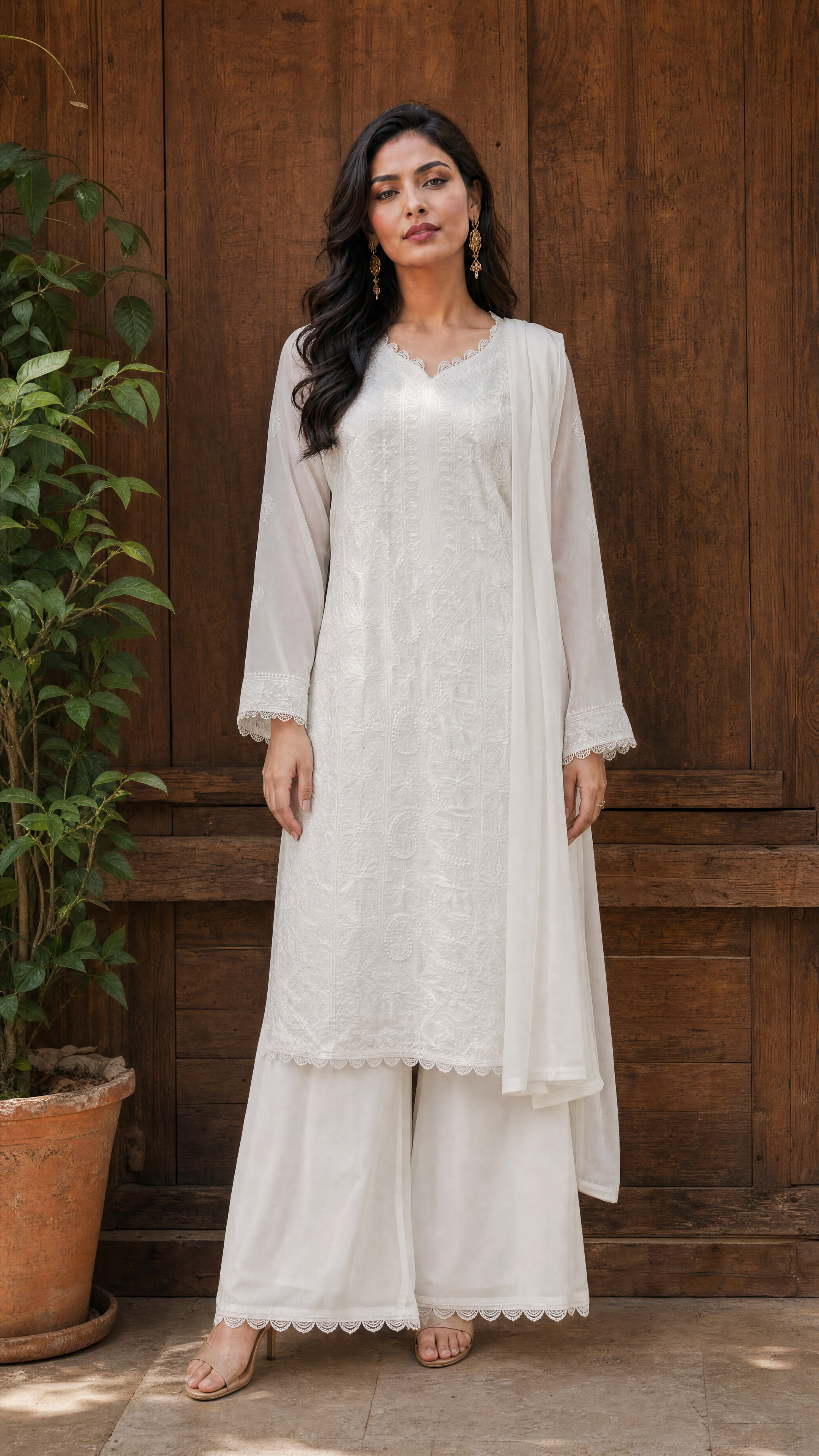 White georgette chikankari kurta palazzo dupatta set for women front view