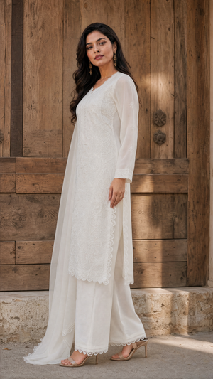 Lavender georgette chikankari kurta with lace-trimmed full sleeves