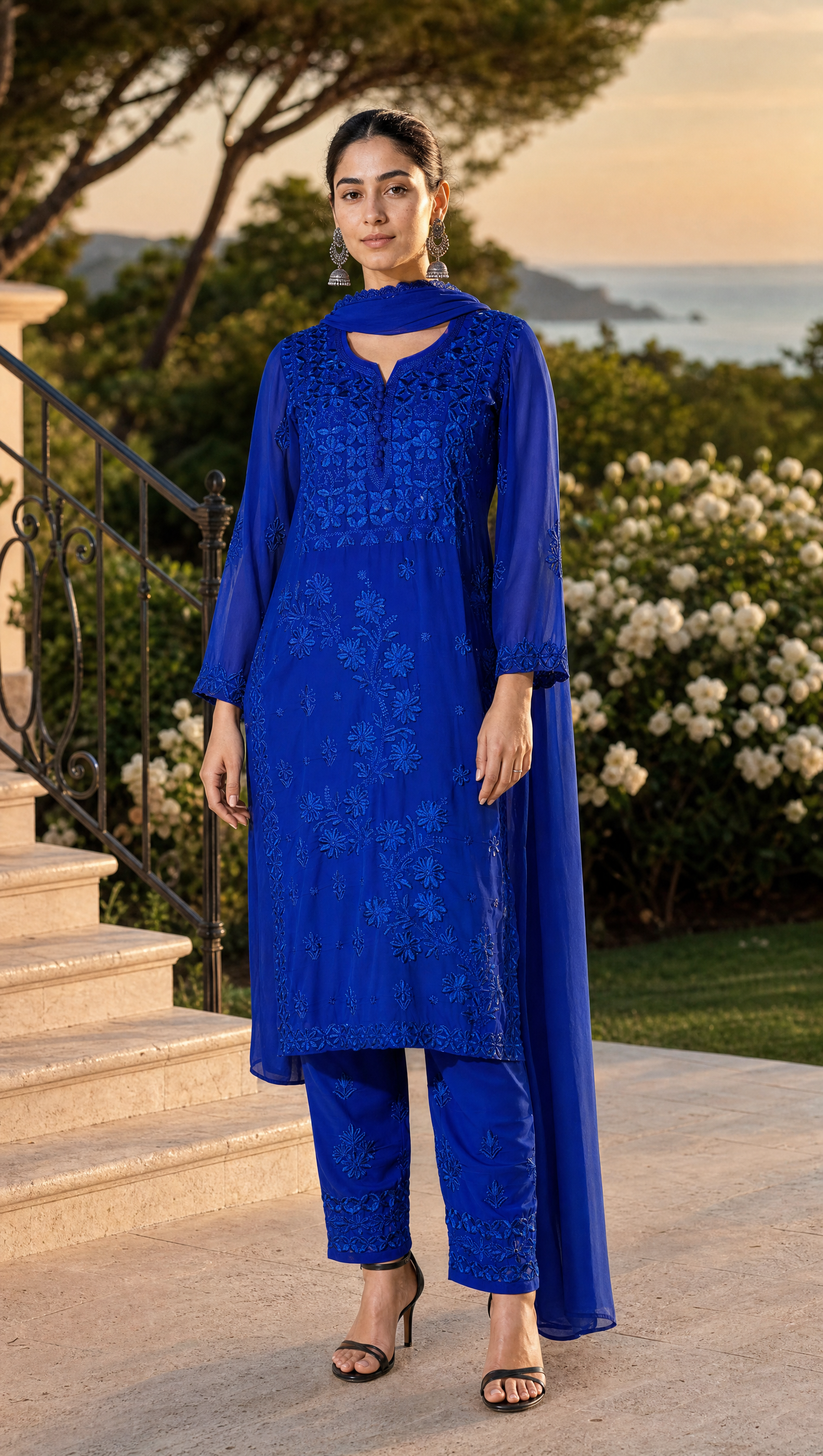 A woman models a royal blue embroidered traditional Indian outfit with matching pants and a dupatta, standing on an outdoor terrace with garden plants and a sunset sky in the background.