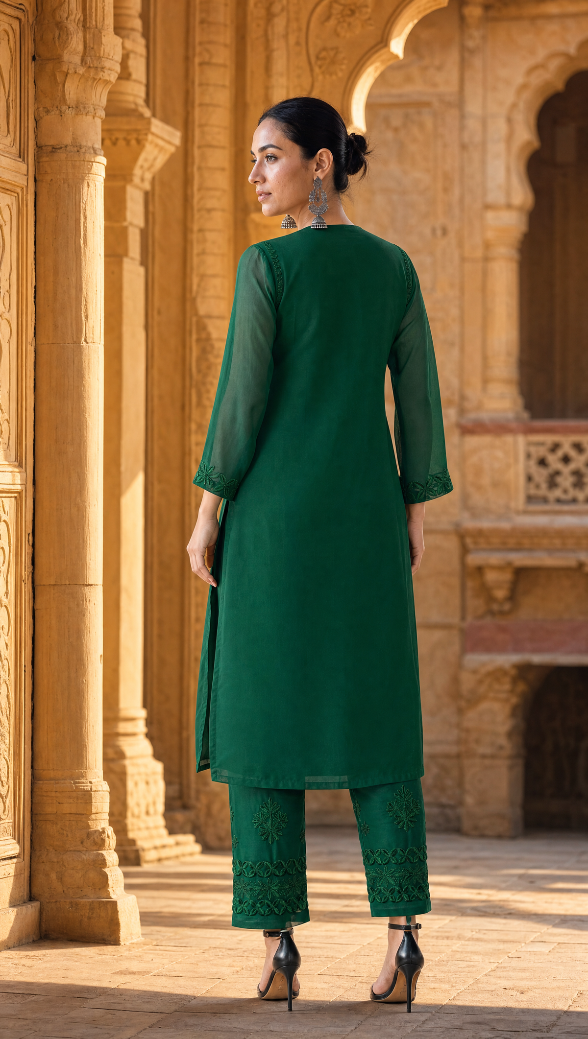 Dark Green embroidered georgette pants with matching dupatta