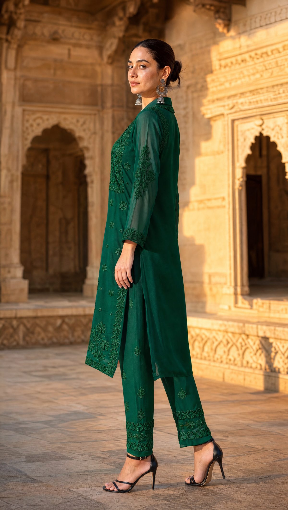 Dark Green georgette chikankari kurta with sheer 3/4 sleeves