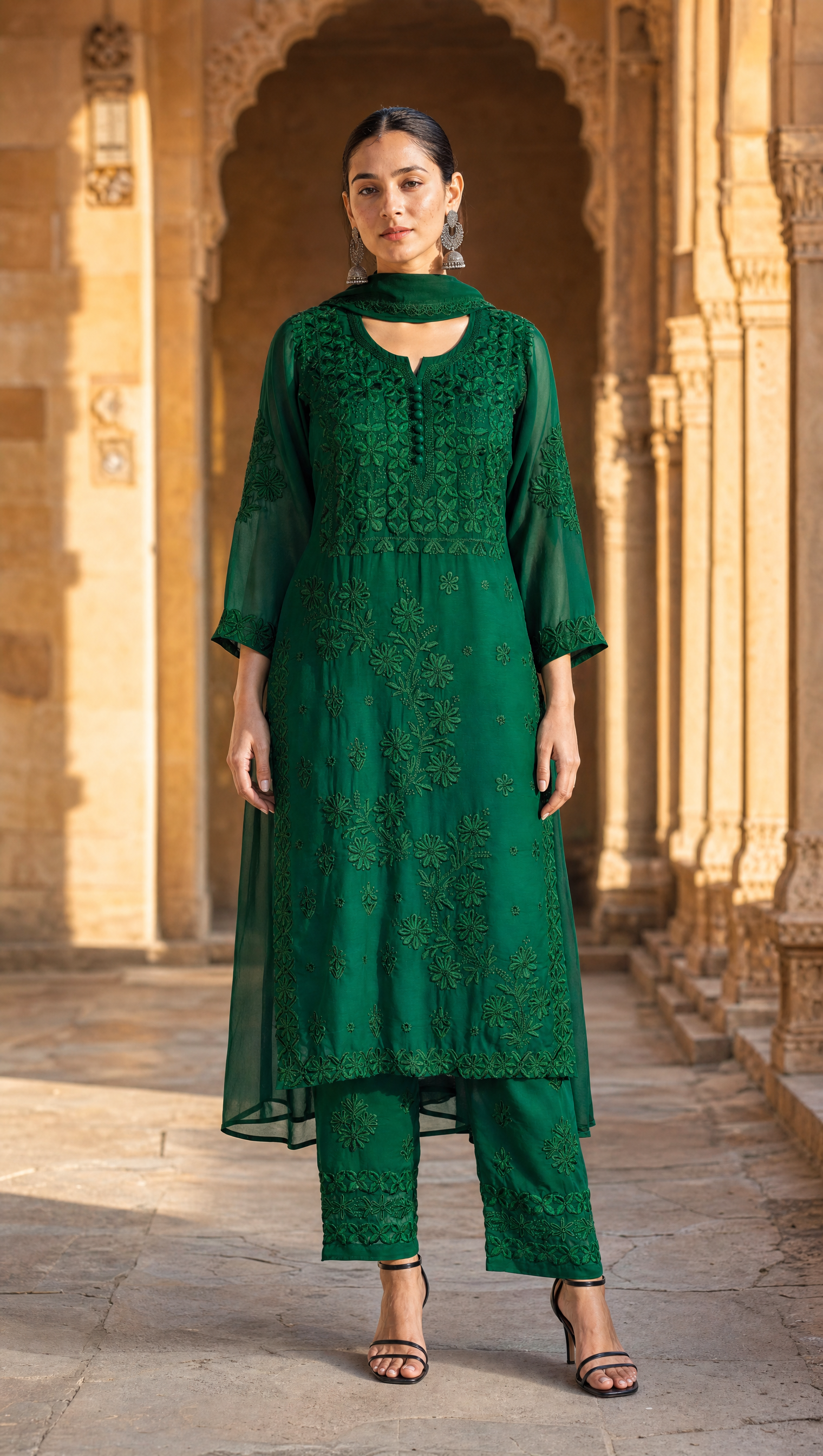 Dark Green georgette chikankari kurta pant dupatta set for women front view